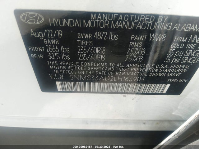 2020 HYUNDAI SANTA FE SEL VIN: 5NMS33AD2LH163904