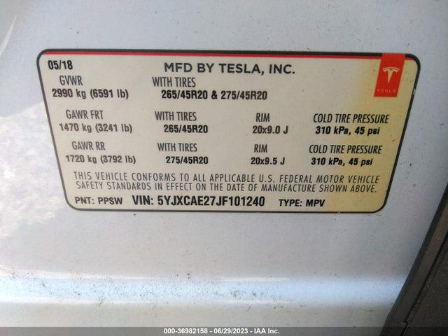 5YJXCAE27JF101240 Tesla Model X 75d/p100d/100d
