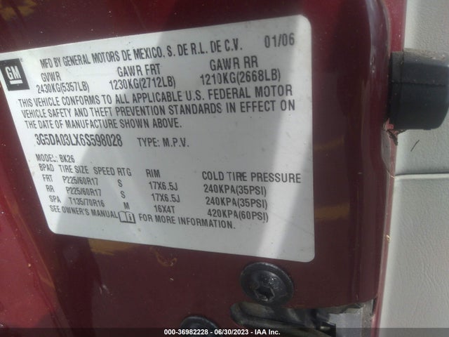 2006 BUICK RENDEZVOUS VIN: 3G5DA03LX6S598028