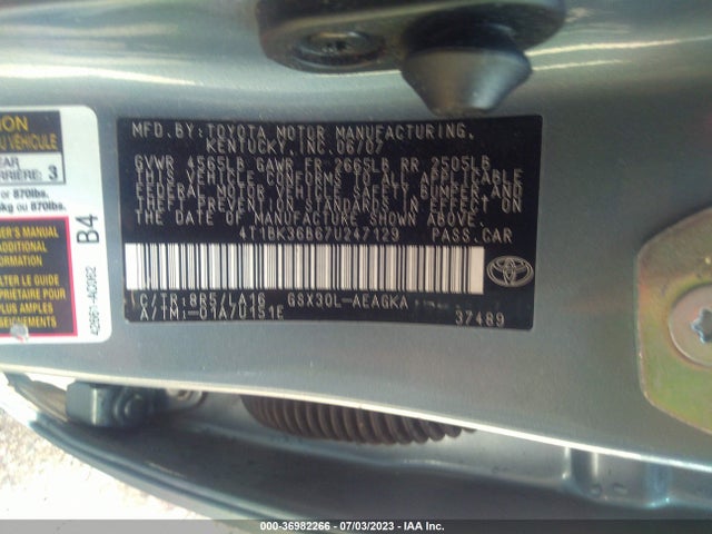 2007 TOYOTA AVALON XL/TOURING/XLS/LIMITED VIN: 4T1BK36B67U247129
