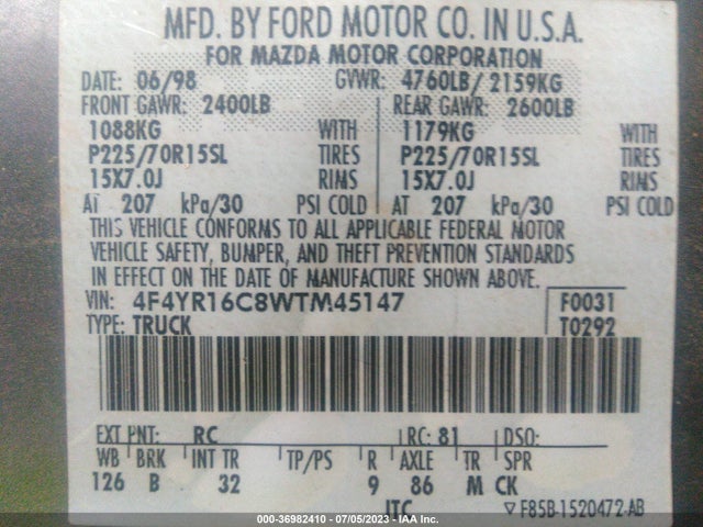 1998 MAZDA B-SERIES 2WD TRUCK SE VIN: 4F4YR16C8WTM45147