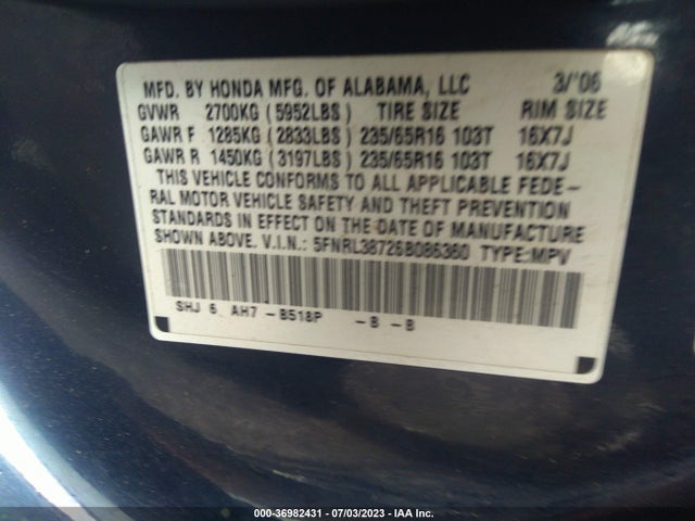 2006 HONDA ODYSSEY EX-L VIN: 5FNRL38726B086360