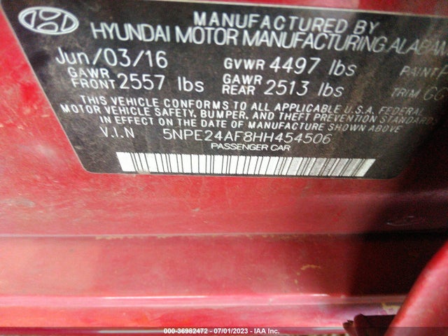 Hyundai Sonata 2.4l 2017 5NPE24AF8HH454506 Image 10