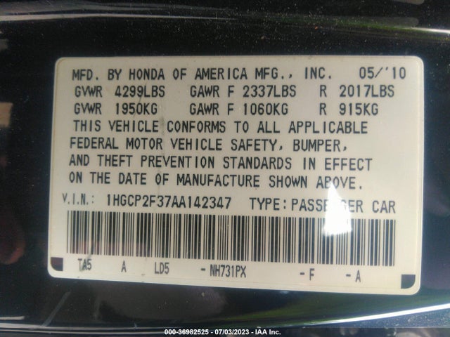 2010 HONDA ACCORD SDN LX VIN: 1HGCP2F37AA142347