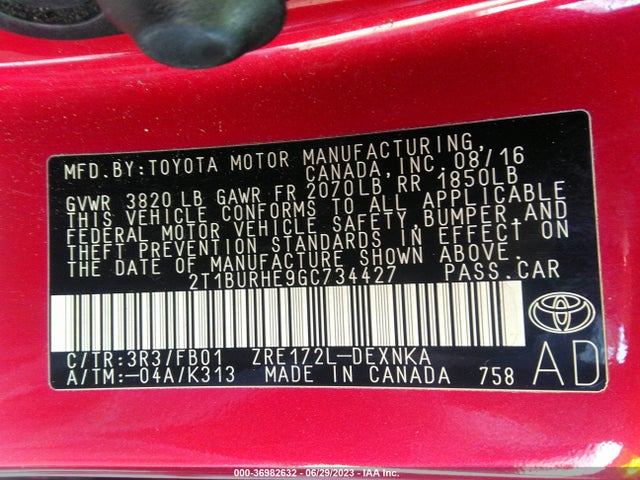 Toyota Corolla L/le/s/s Plus/le Plus 2016 2T1BURHE9GC734427 Image 16