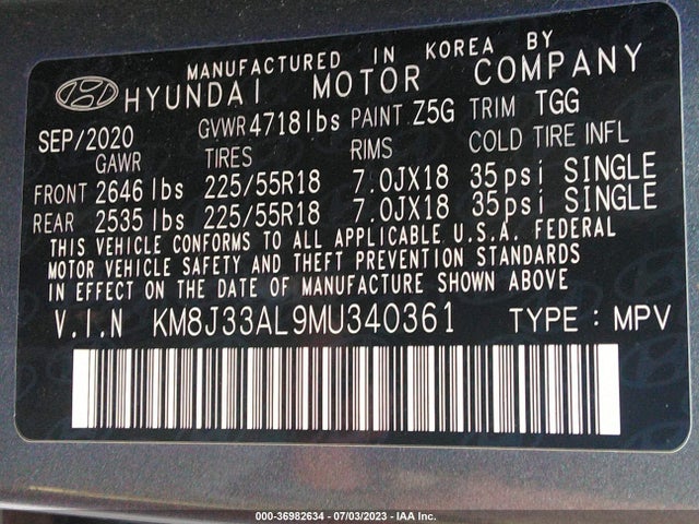 2021 HYUNDAI TUCSON SEL VIN: KM8J33AL9MU340361