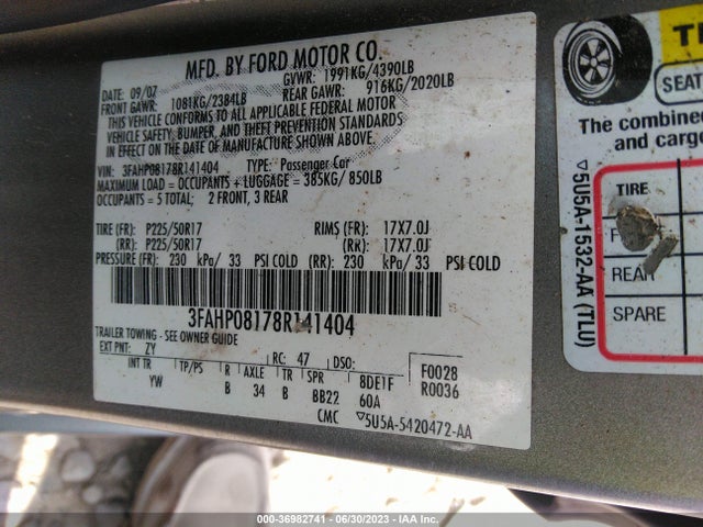 2008 FORD FUSION SEL VIN: 3FAHP08178R141404