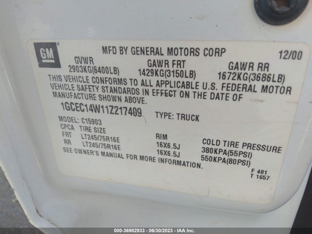 2001 CHEVROLET SILVERADO 1500 VIN: 1GCEC14W11Z217409