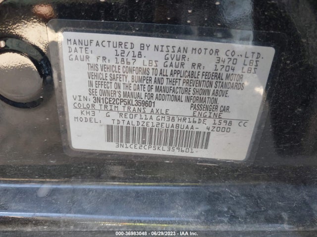 2019 NISSAN VERSA NOTE SV VIN: 3N1CE2CP5KL359601