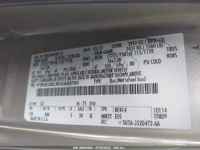 2012 FORD ECONOLINE WAGON XL/XLT VIN: 1FBNE3BL9CDA99760