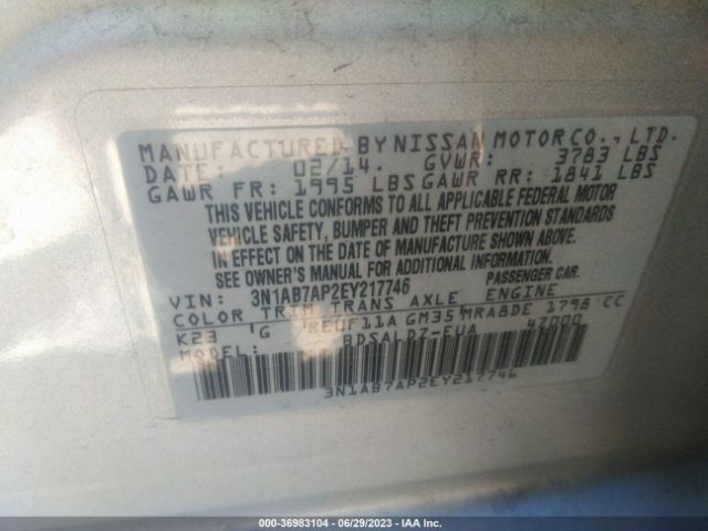 3N1AB7AP2EY217746 Nissan Sentra S/fe+ S/sv/fe+ Sv/sr/sl
