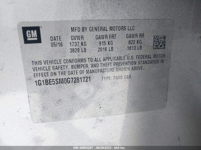 Chevrolet CRUZE LT 2016 1G1BE5SM0G7281721 Image 9