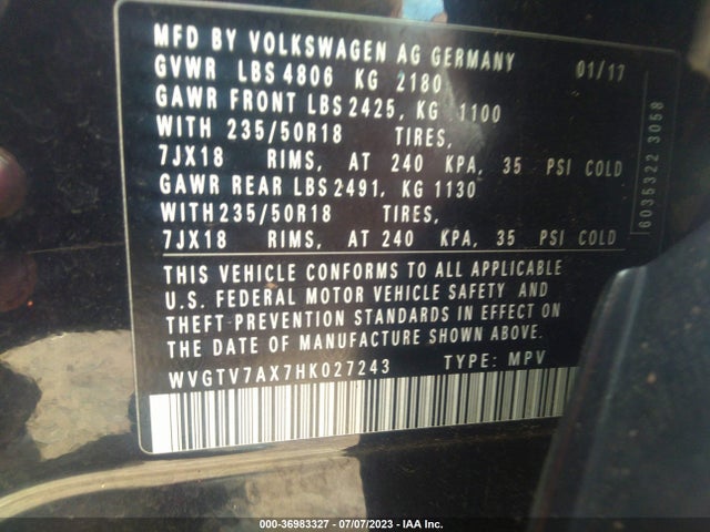 WVGTV7AX7HK027243 Volkswagen Tiguan Sport