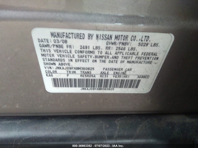 2008 INFINITI EX35 JOURNEY VIN: JNKAJ09FX8M360825