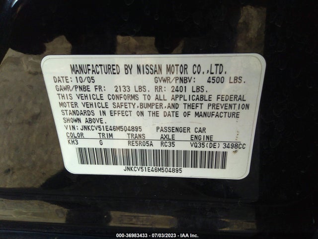 2006 INFINITI G35 SEDAN VIN: JNKCV51E46M504895