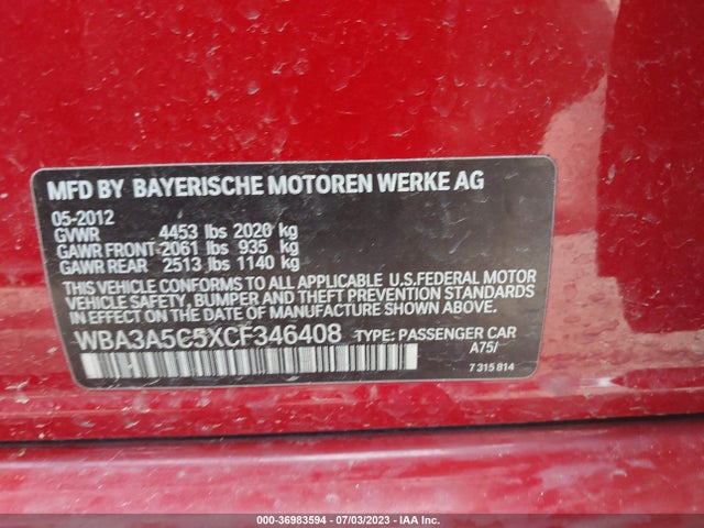 2012 BMW 3 SERIES 328I VIN: WBA3A5C5XCF346408