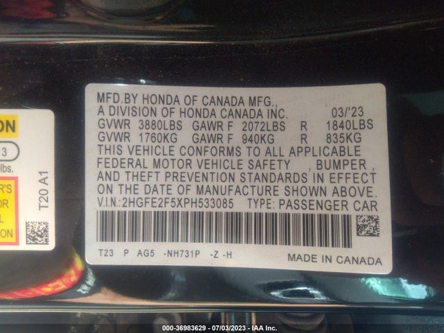 2023 HONDA CIVIC SEDAN SPORT VIN: 2HGFE2F5XPH533085