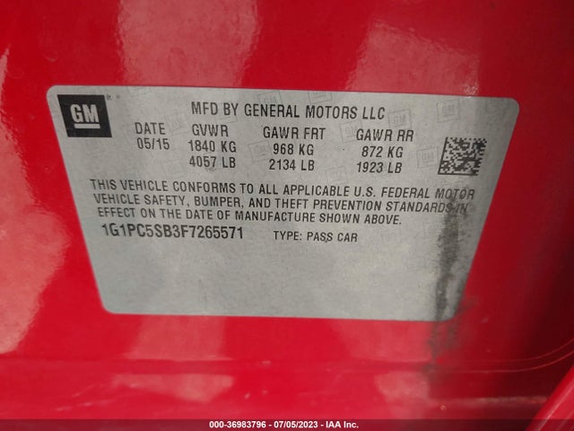 2015 CHEVROLET CRUZE LT VIN: 1G1PC5SB3F7265571