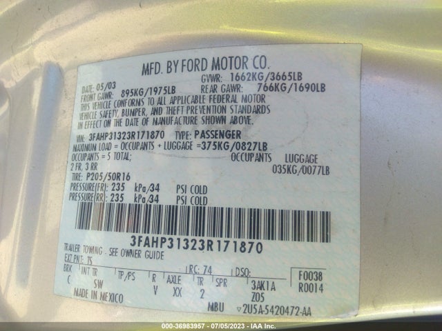 2003 FORD FOCUS ZX3 VIN: 3FAHP31323R171870