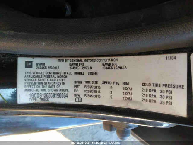 2005 CHEVROLET COLORADO 1SE LS Z71 VIN: 1GCDS136558190064