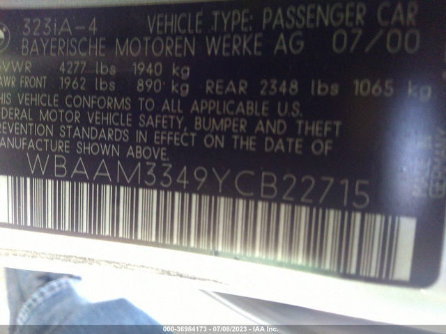 2000 BMW 323I VIN: WBAAM3349YCB22715