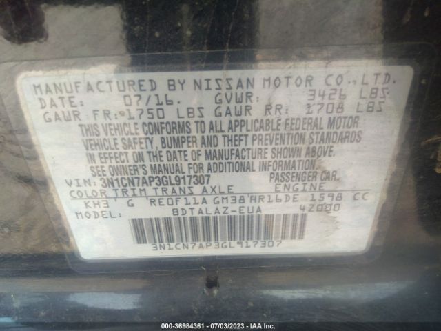 3N1CN7AP3GL917307 Nissan Versa S Plus