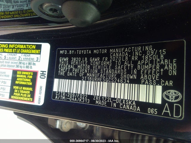 2016 TOYOTA COROLLA L/LE/S/S PLUS/LE PLUS VIN: 2T1BURHE5GC524634