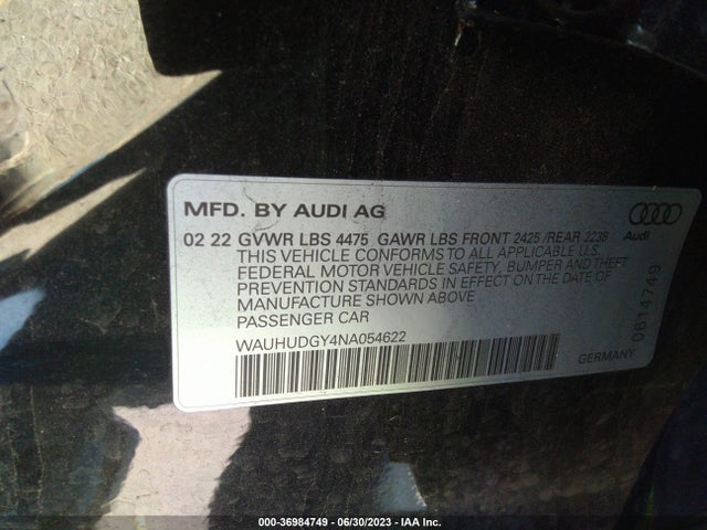 WAUHUDGY4NA054622 Audi A3 Sedan Premium Plus