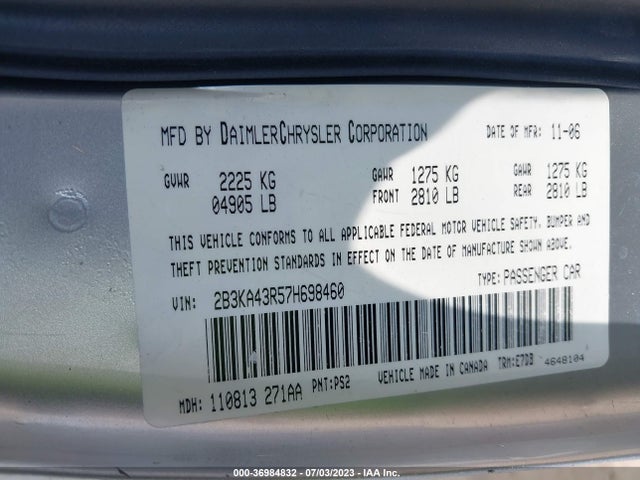 2007 DODGE CHARGER VIN: 2B3KA43R57H698460