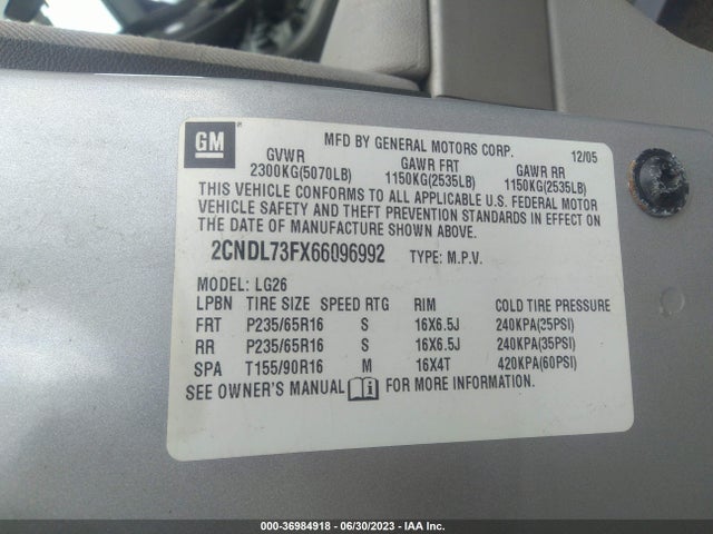2006 CHEVROLET EQUINOX LT VIN: 2CNDL73FX66096992