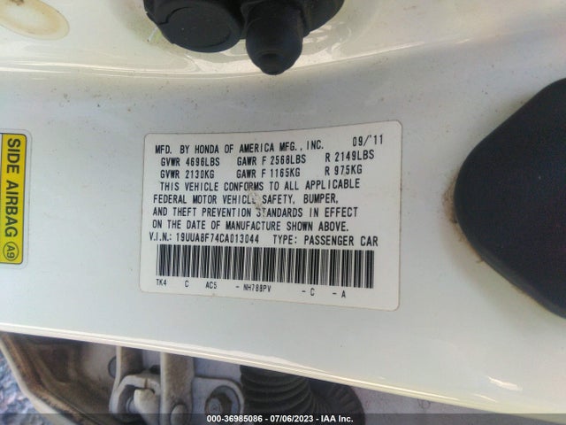 2012 ACURA TL ADVANCE AUTO VIN: 19UUA8F74CA013044