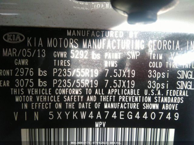 5XYKW4A74EG440749 KIA SORENTO SX