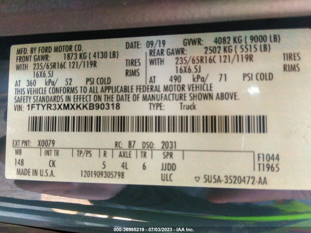 Ford TRANSIT VAN 2019 1FTYR3XMXKKB90318 Image 15