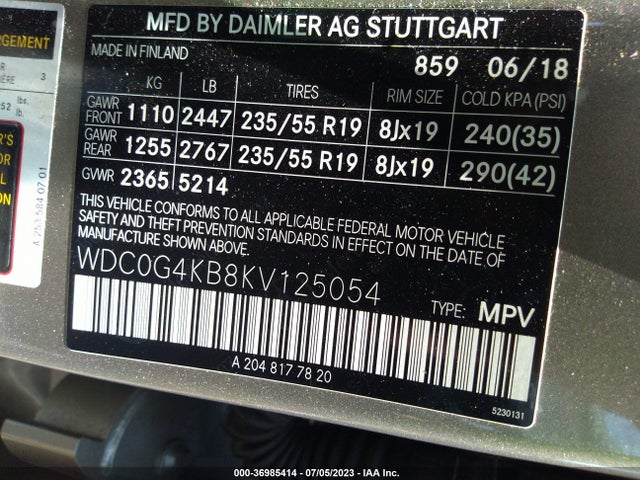 2019 MERCEDES-BENZ GLC GLC 300 VIN: WDC0G4KB8KV125054