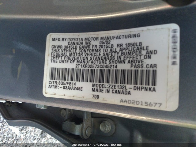 2003 TOYOTA MATRIX STD/XR VIN: 2T1KR32E73C045214