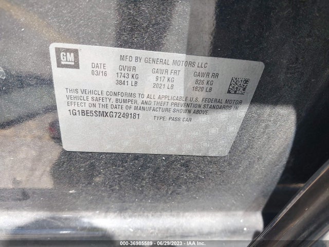 2016 CHEVROLET CRUZE LT VIN: 1G1BE5SMXG7249181