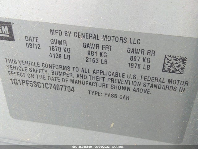 2012 CHEVROLET CRUZE LT W/1LT VIN: 1G1PF5SC1C7407704