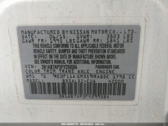 2015 NISSAN SENTRA SV VIN: 3N1AB7AP3FY299584