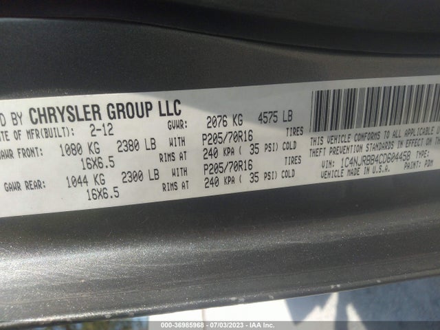 2012 JEEP PATRIOT SPORT VIN: 1C4NJRBB4CD604458
