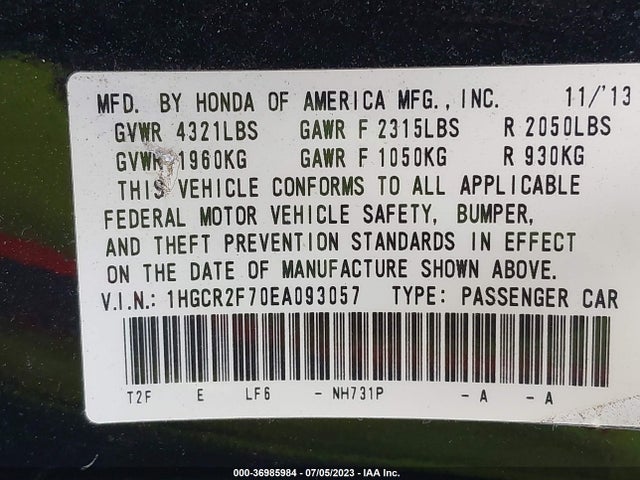 Honda Accord Sedan Ex 2014 1HGCR2F70EA093057 Image 9