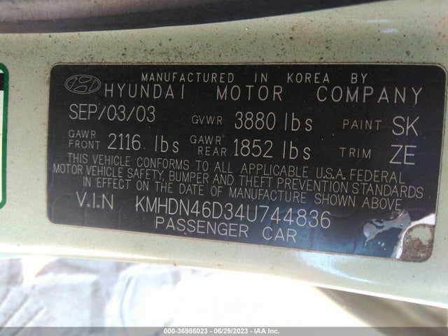 2004 HYUNDAI ELANTRA GLS/GT VIN: KMHDN46D34U744836