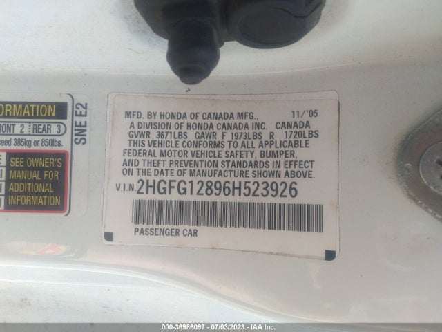 2006 HONDA CIVIC CPE EX VIN: 2HGFG12896H523926
