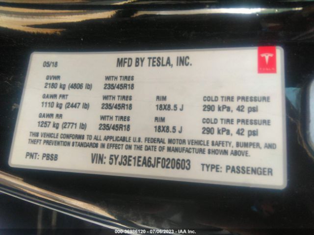 5YJ3E1EA6JF020603 Tesla Model 3 Mid Range/long Range