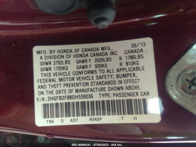2013 HONDA CIVIC SDN EX VIN: 2HGFB2F88DH559036