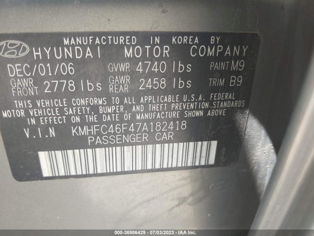 2007 HYUNDAI AZERA SE/LIMITED VIN: KMHFC46F47A182418