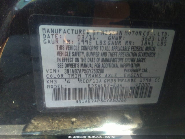 2016 NISSAN SENTRA S VIN: 3N1AB7AP5GY250288