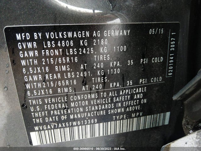 2015 VOLKSWAGEN TIGUAN S VIN: WVGAV7AX5FW613369