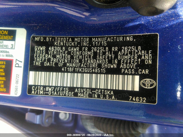 2016 TOYOTA CAMRY XLE/SE/LE/XSE VIN: 4T1BF1FK3GU548515