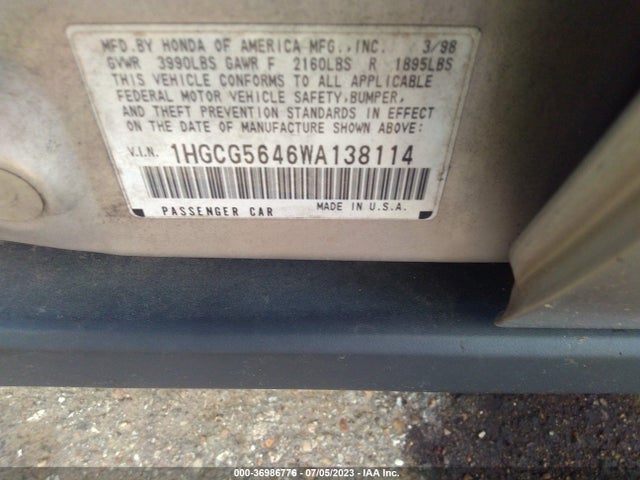 1998 HONDA ACCORD SDN LX VIN: 1HGCG5646WA138114