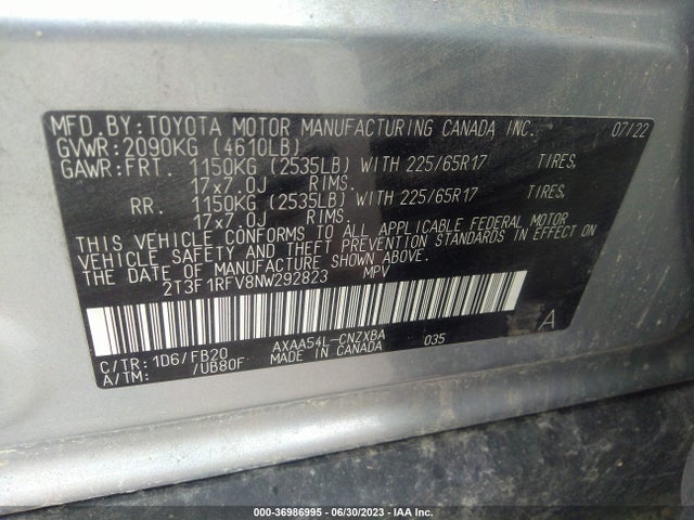 2022 TOYOTA RAV4 LE VIN: 2T3F1RFV8NW292823